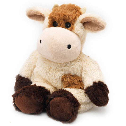 Plush cow with tan and brown fur, beige snout, and large floppy ears and hooves.
