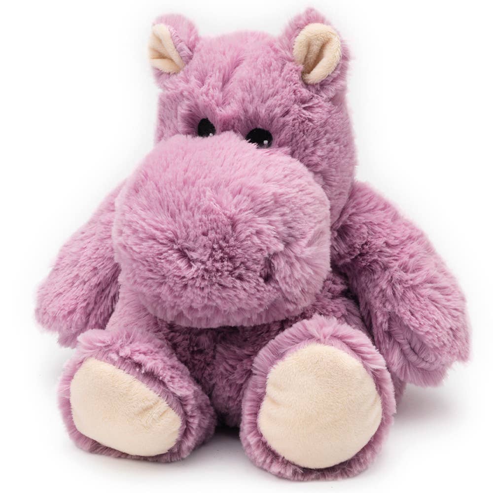 Light purple microwavable plush hippo with beige feet and ears, featuring a large snout and soft, huggable texture.