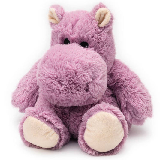Light purple microwavable plush hippo with beige feet and ears, featuring a large snout and soft, huggable texture.