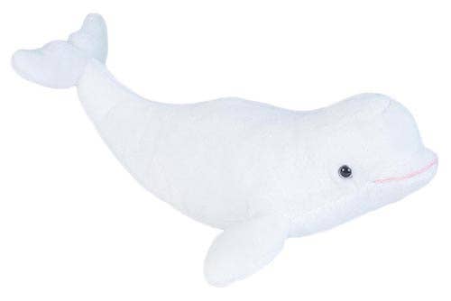 Small white plush beluga whale with simple stitching and a soft, smooth texture, shown in a playful swimming pose.