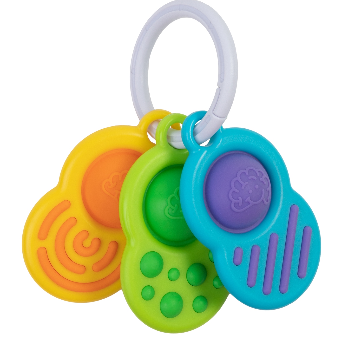 Baby holding and chewing on colorful sensory key-shaped toys connected by a ring.