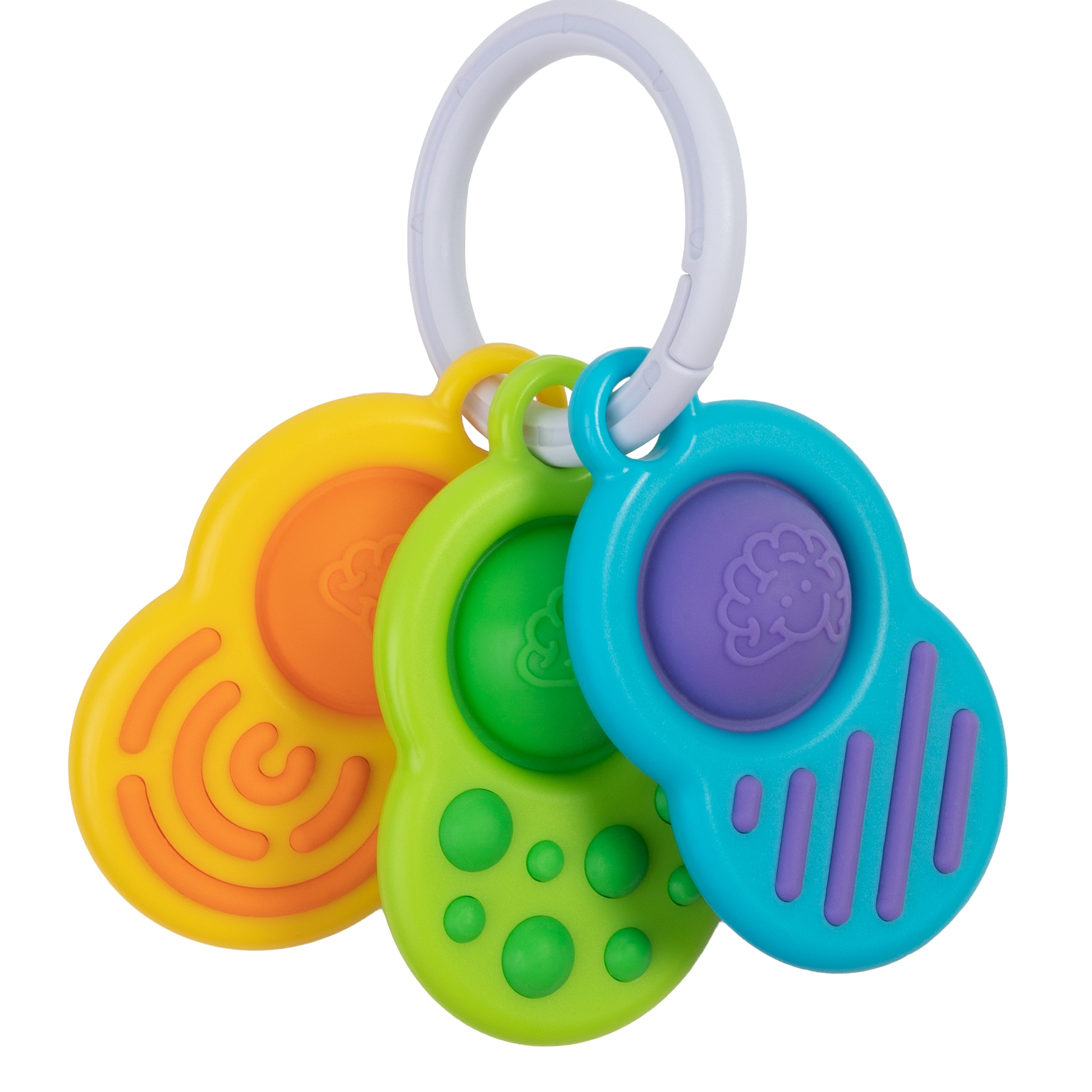 Baby holding and chewing on colorful sensory key-shaped toys connected by a ring.