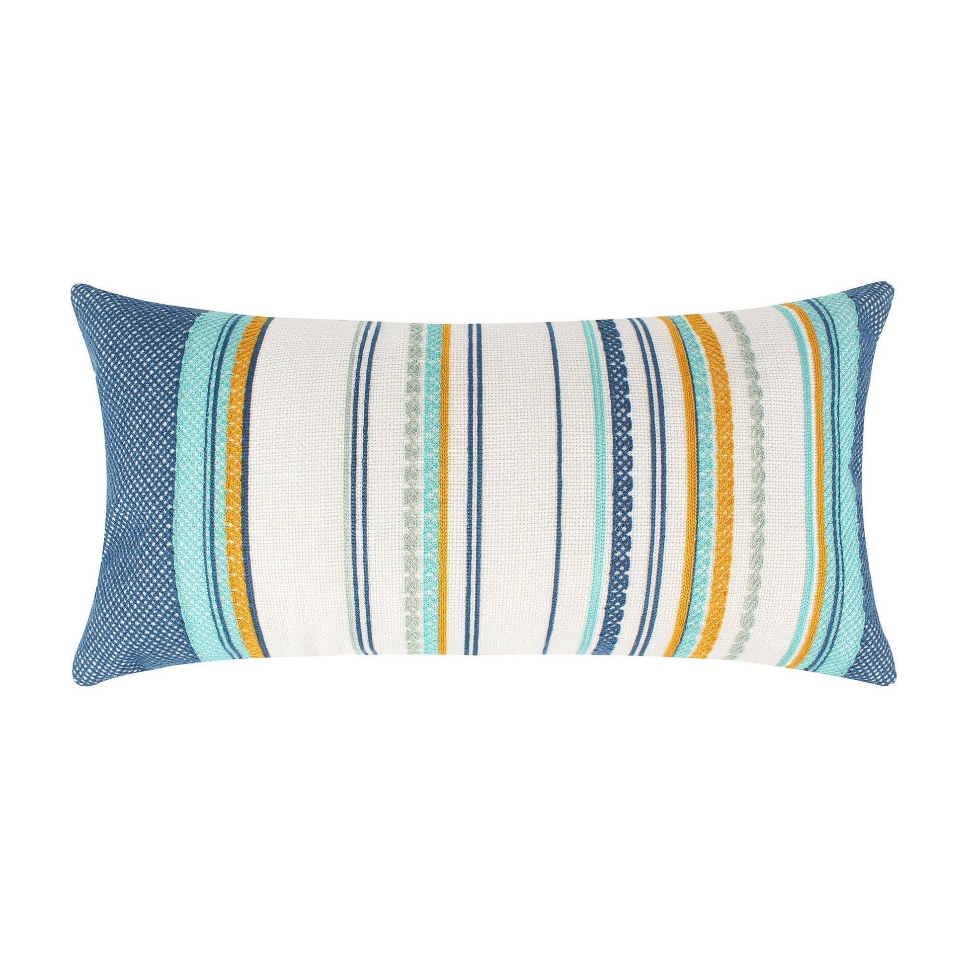 Long decorative pillow with embroidered blue and cream stripes on a canvas background.