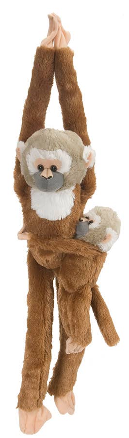 Plush hanging squirrel monkey with baby, 20 inches long