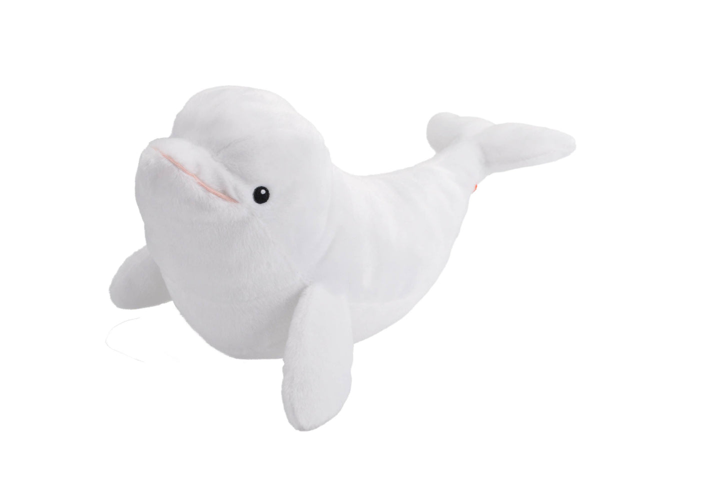 White plush beluga whale toy with a rounded head, gentle smile, and soft, sleek body.