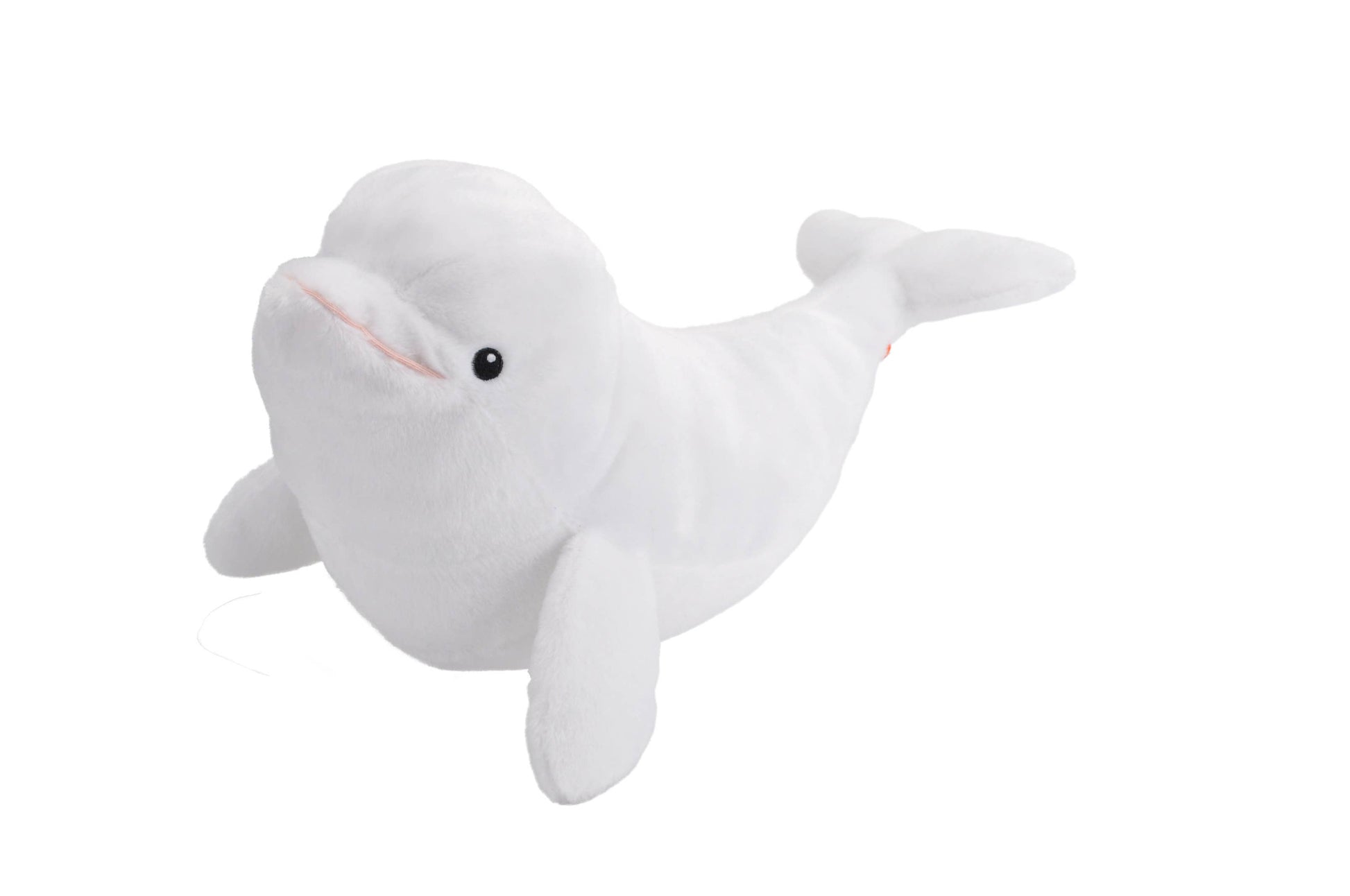 White plush beluga whale toy with a rounded head, gentle smile, and soft, sleek body.