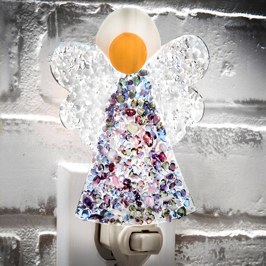 Fused glass angel night light with multicolored stained glass chips