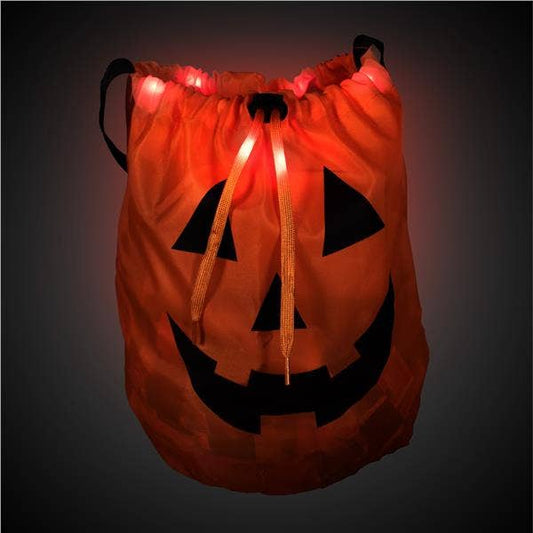 Orange drawstring bag with Jack O' Lantern face and glowing red LED lights