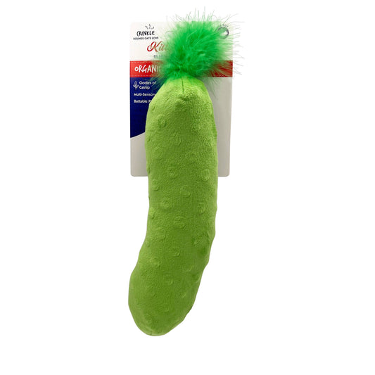 Green pickle-shaped cat toy with soft plush texture and bright green feather topper