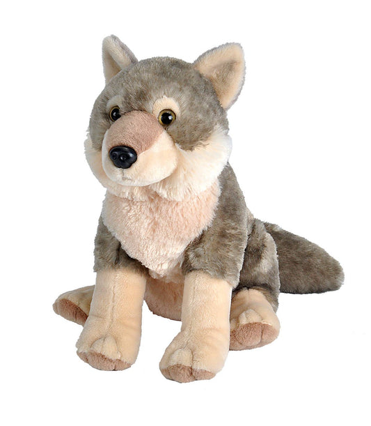 Realistic plush wolf stuffed animal with soft fur and lifelike features.