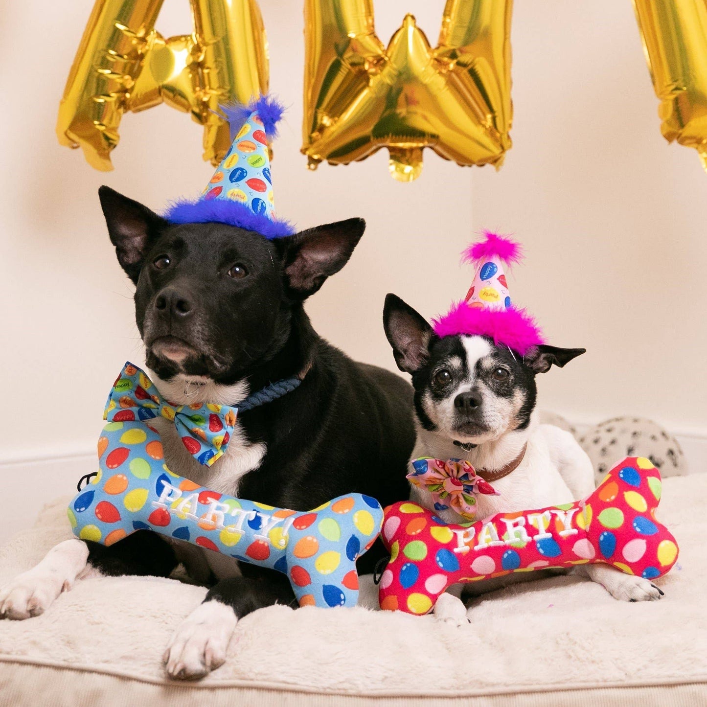 Bone-shaped dog toys with colorful balloon prints in blue and red, featuring "PARTY!" text.