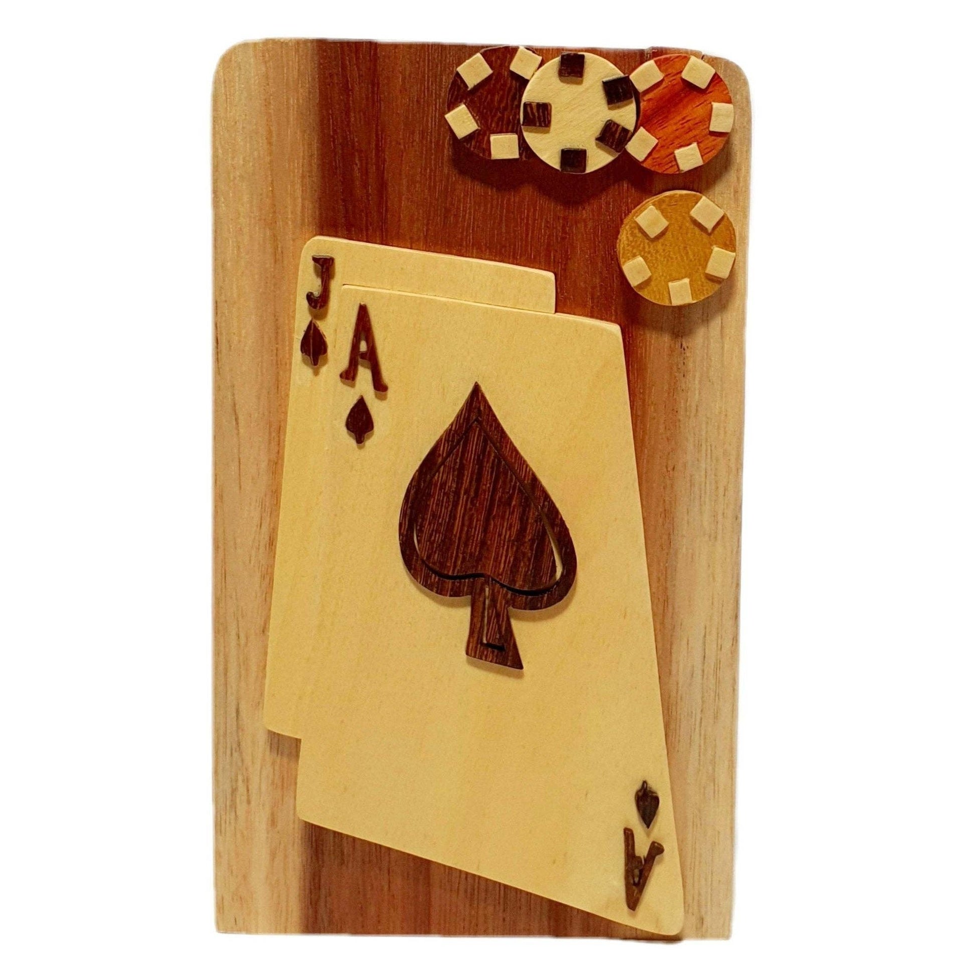 Hand-carved wooden gift box with blackjack card and poker chip design