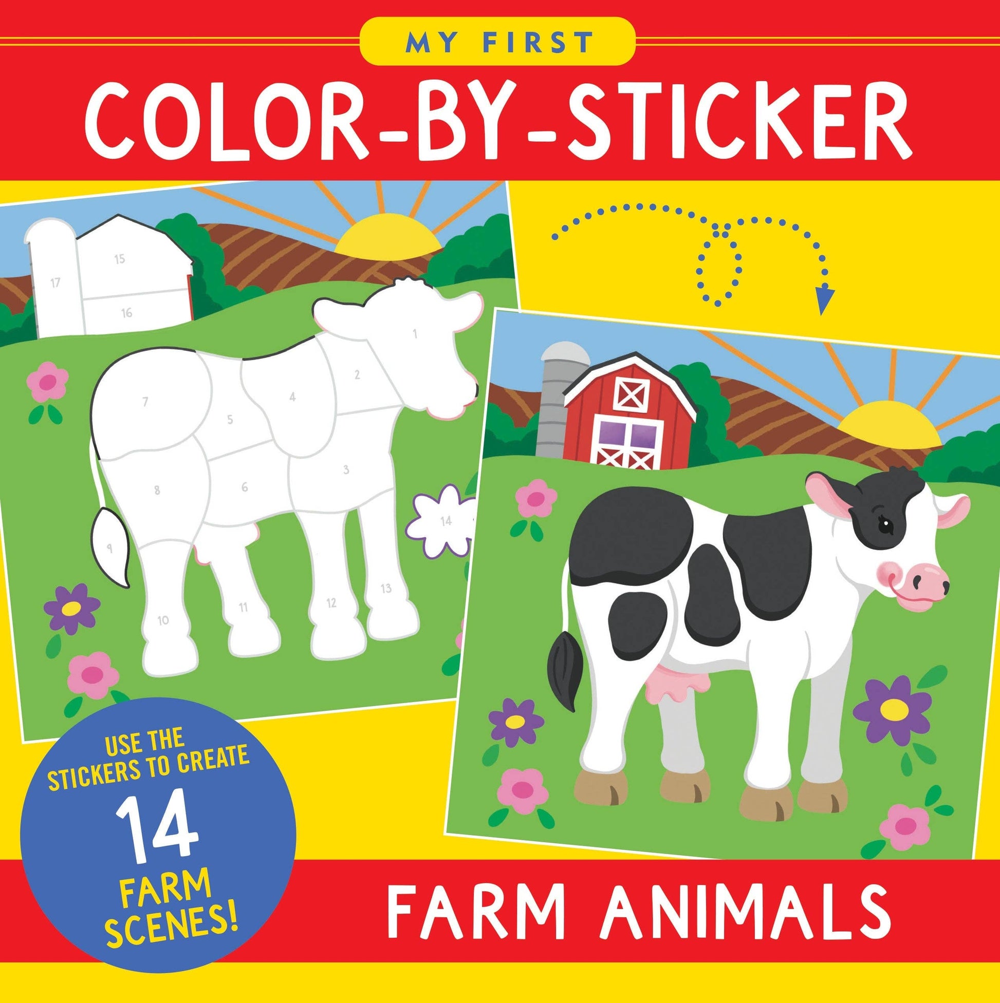 Color-by-sticker book featuring farm animals and matching number stickers