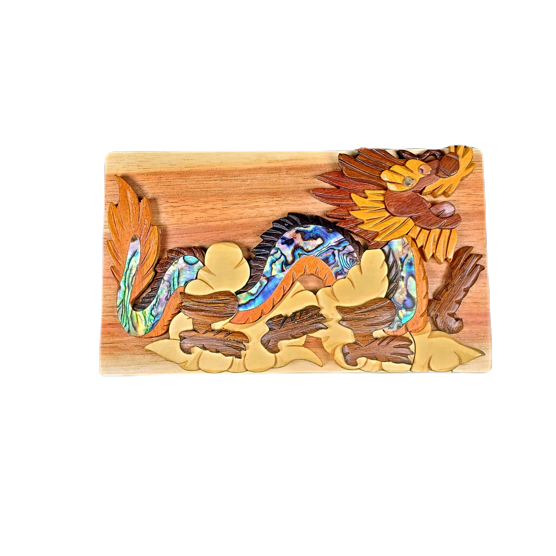 Hand-carved wooden gift box featuring a colorful dragon inlay made with mother of pearl, surrounded by clouds and foliage.