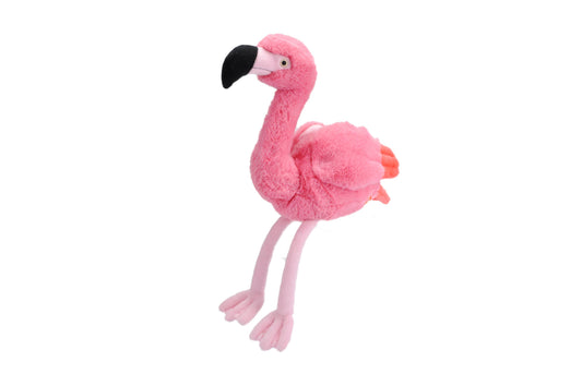 Pink flamingo stuffed animal with long legs and plush texture