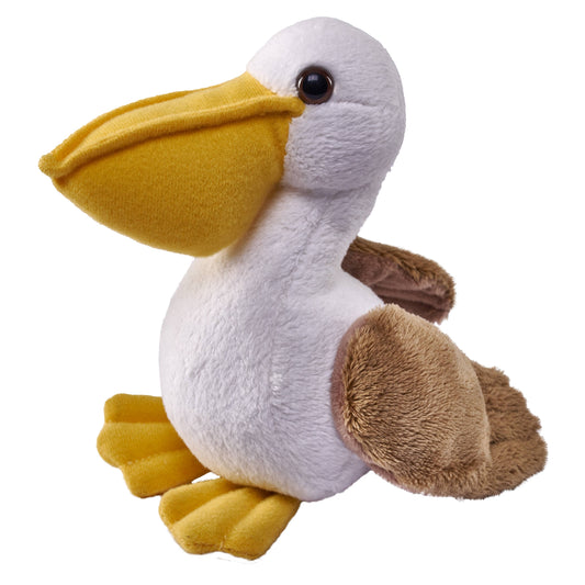 Small eco-friendly plush pelican with soft yellow beak and brown wings