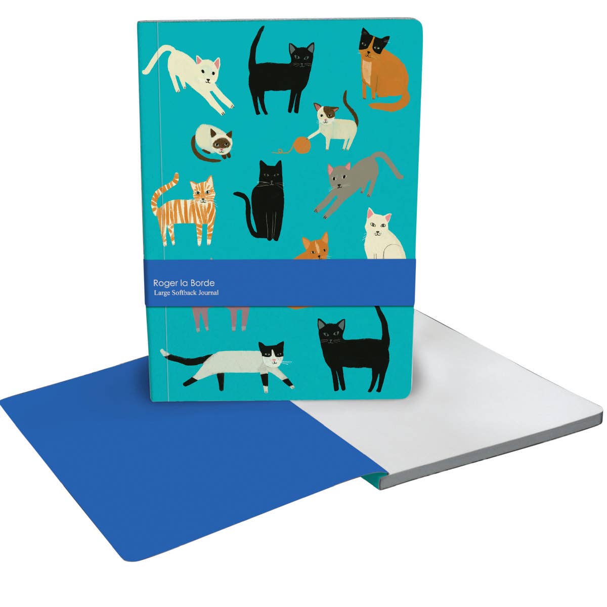 Large softback journal with a teal cover featuring colorful illustrated cats in various playful poses.
