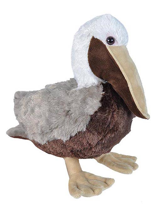 Plush brown pelican with soft beak and fluffy feathers