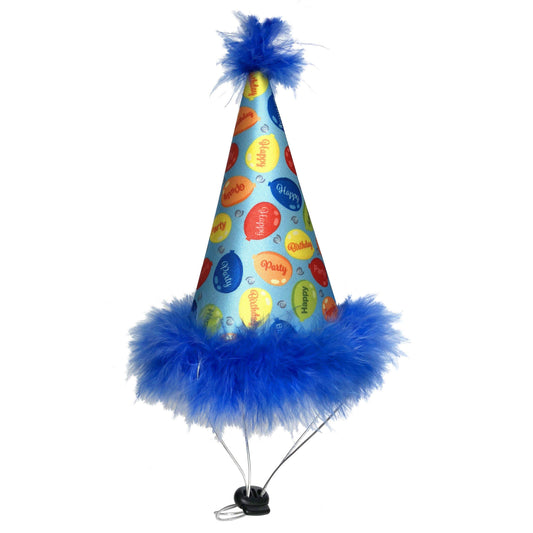 Blue pet party hat with colorful text and fluffy trim