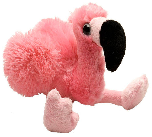 Soft pink mini flamingo plush toy with fuzzy body and black beak