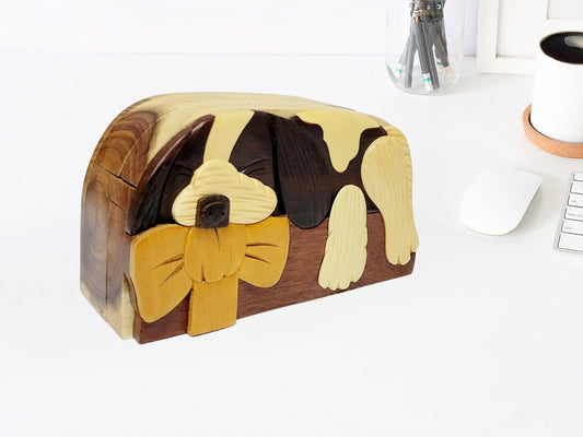 Hand-Carved Dog Keepsake Box with Yellow Bow – Unique Gift | Birthday Gifts, Uncommon Goods