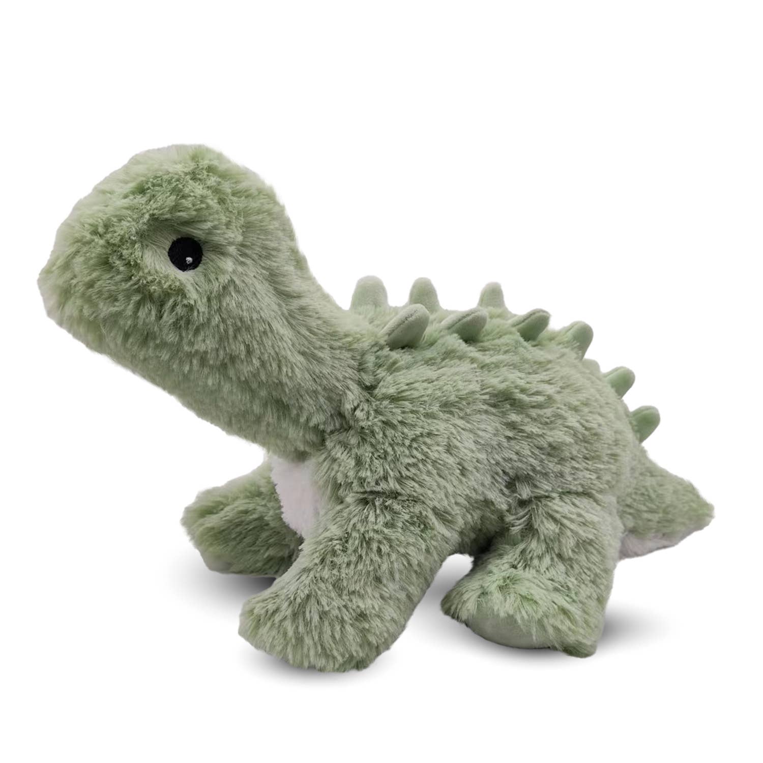 Soft green dinosaur plush with a long neck, short legs, and a row of back spikes; microwaveable design.