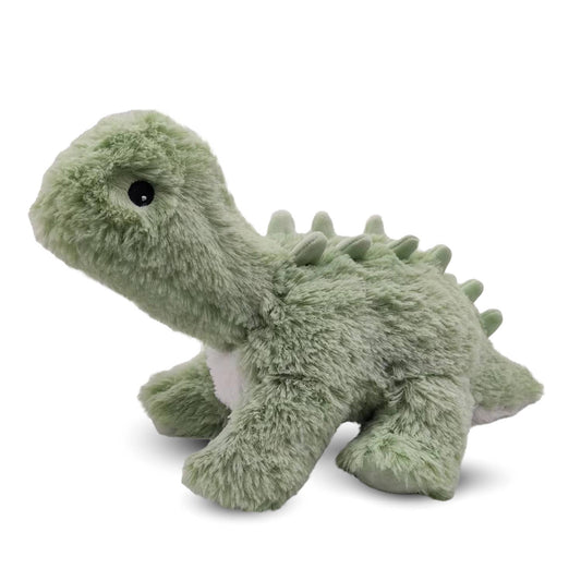 Soft green dinosaur plush with a long neck, short legs, and a row of back spikes; microwaveable design.