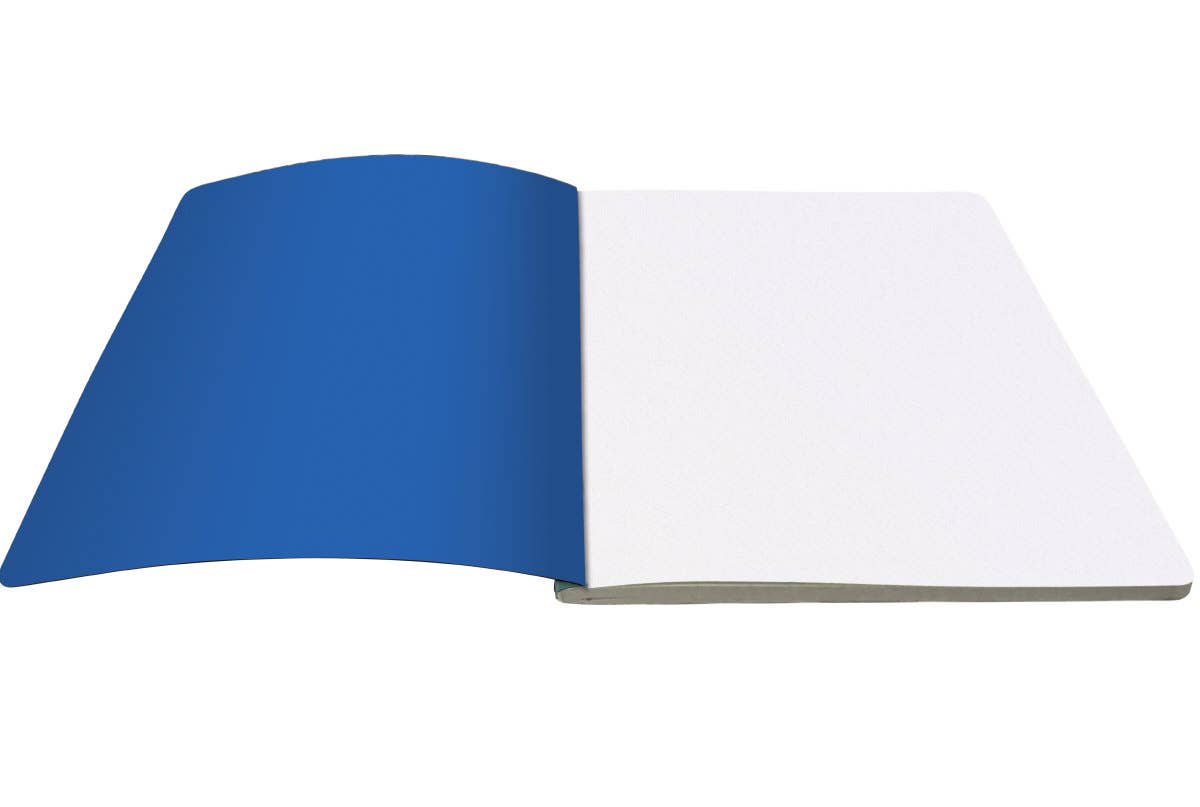Large softback journal with blue cover and blank white pages, perfect for writing and sketching.