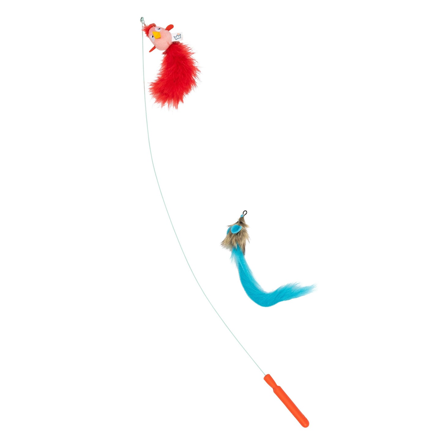 Cat wand toy with red and blue crinkle feathered bird and mouse attachments on a stick.