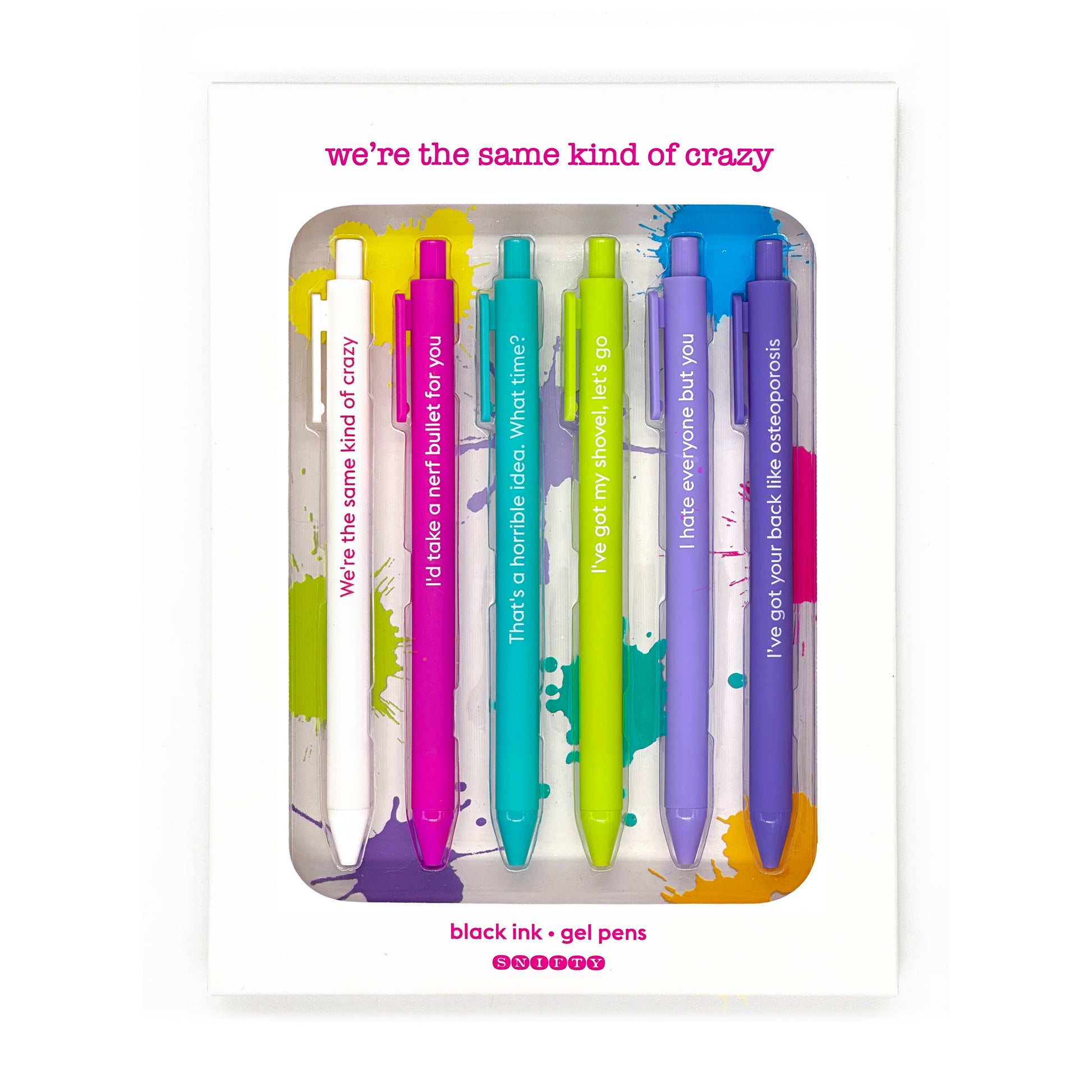 Set of six colorful gel pens with witty friendship quotes in gift box packaging