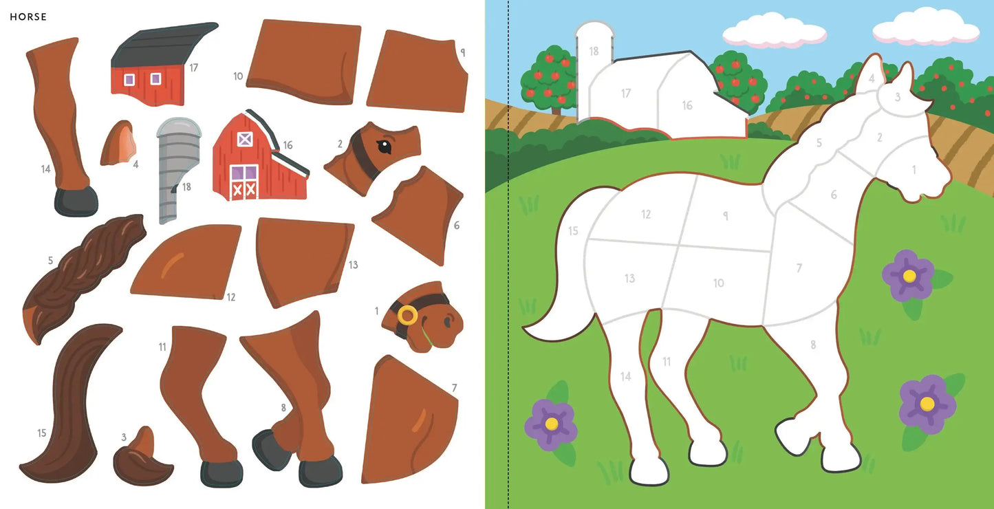 A colorful, handmade farm animal color-by-sticker book featuring a horse and barn.