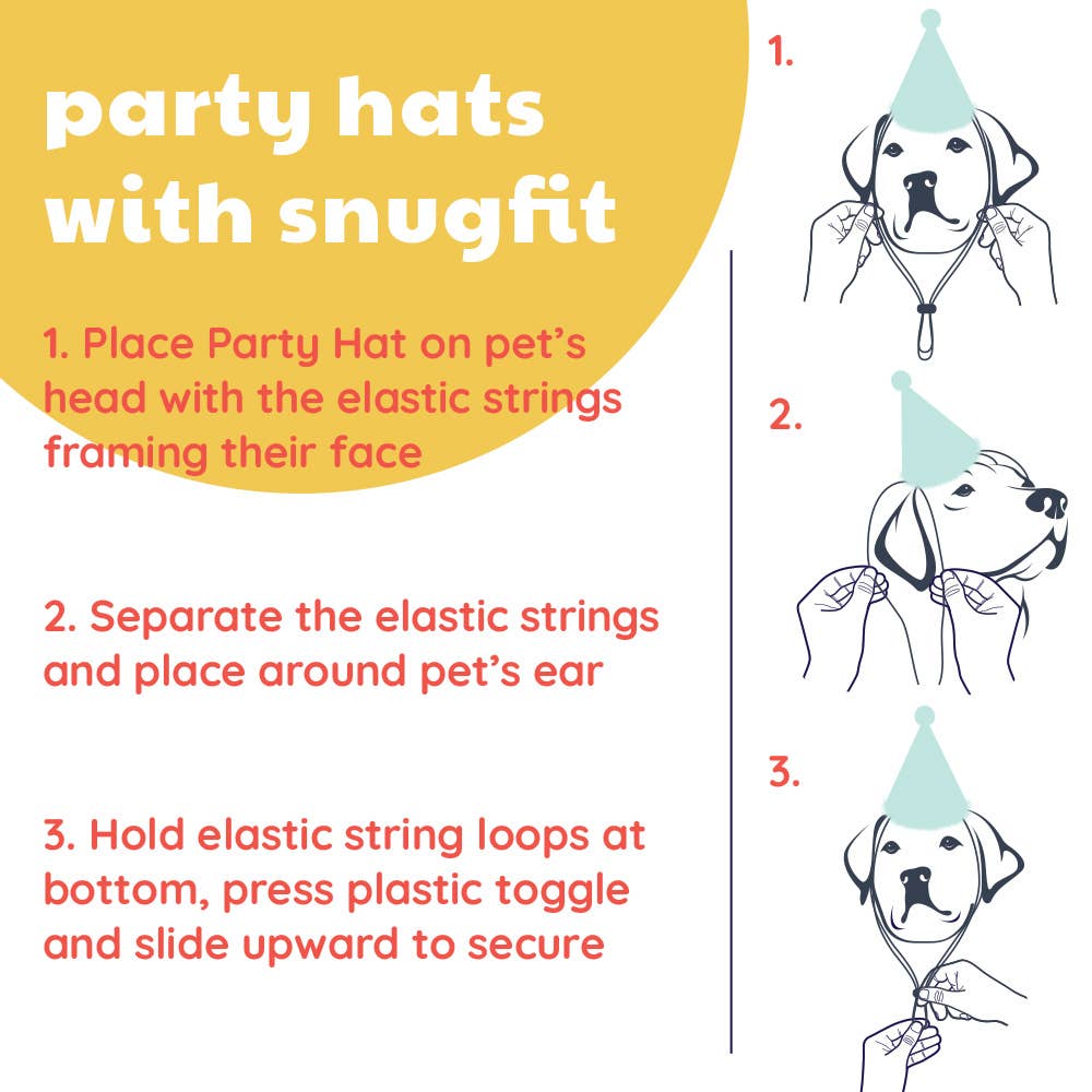 Blue balloon-print pet party hat with elastic SnugFit® strings for easy and secure fastening.
