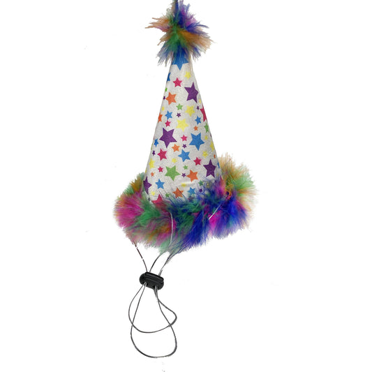 Colorful pet party hat with rainbow feathers and star pattern