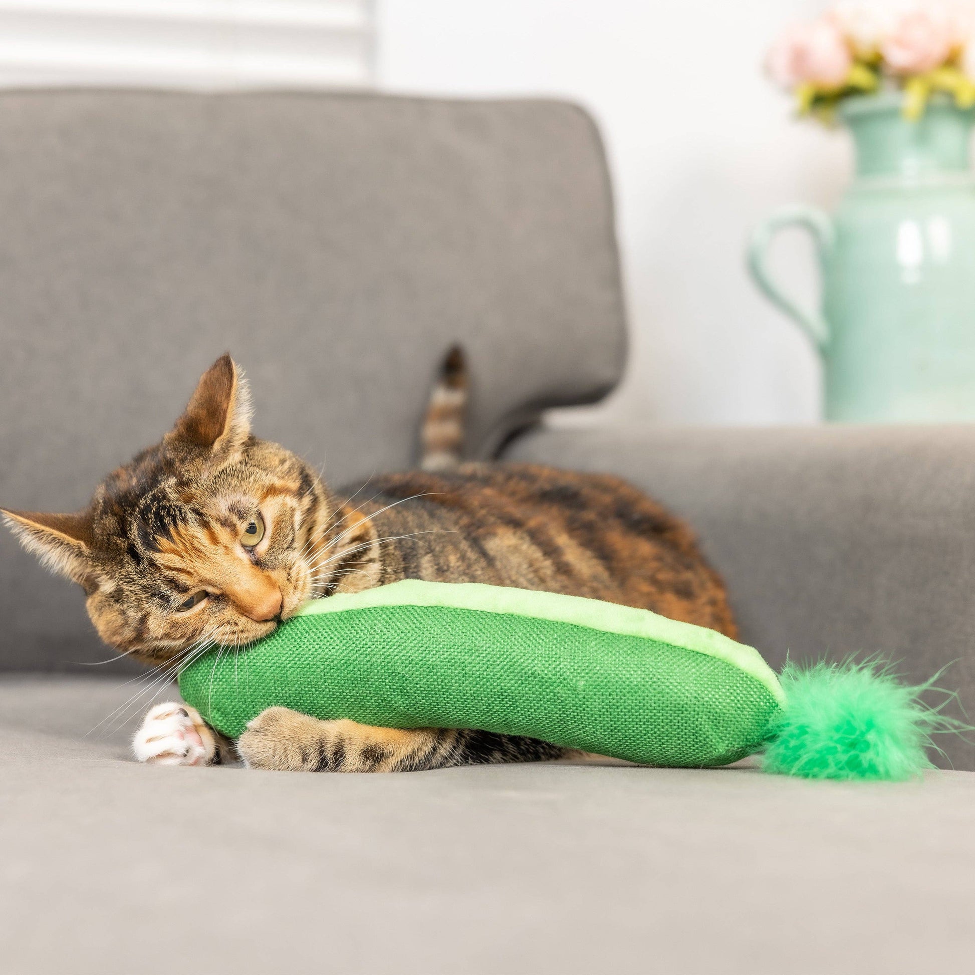 A green fabric cat toy shaped like a pickle with a fuzzy tail, being chewed by a tabby cat.