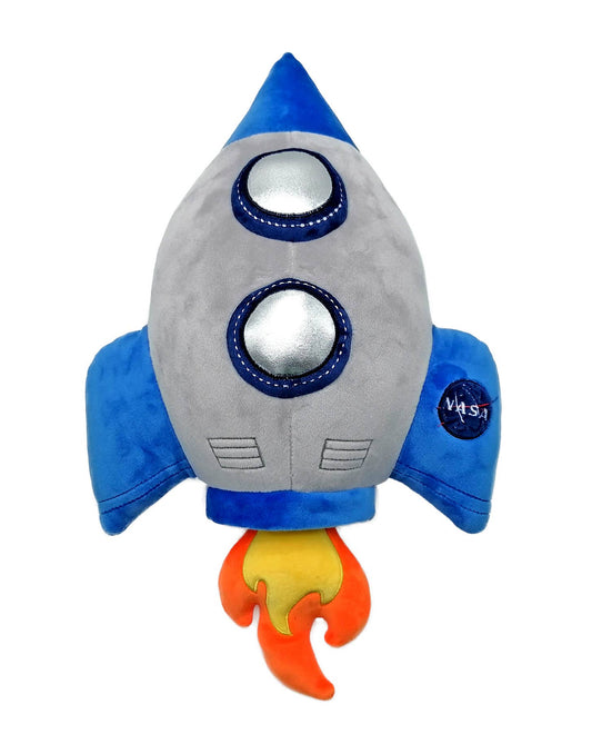 Plush spaceship toy with silver windows and colorful flame detail