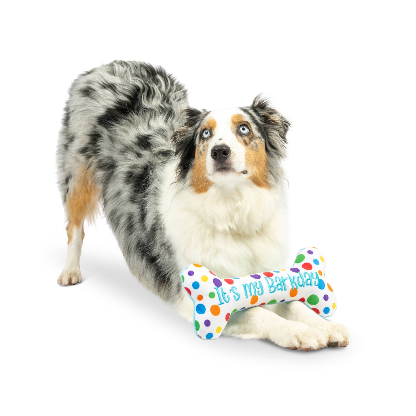 Plush bone-shaped dog toy with colorful polka dots and "It's My Barkday" text.
