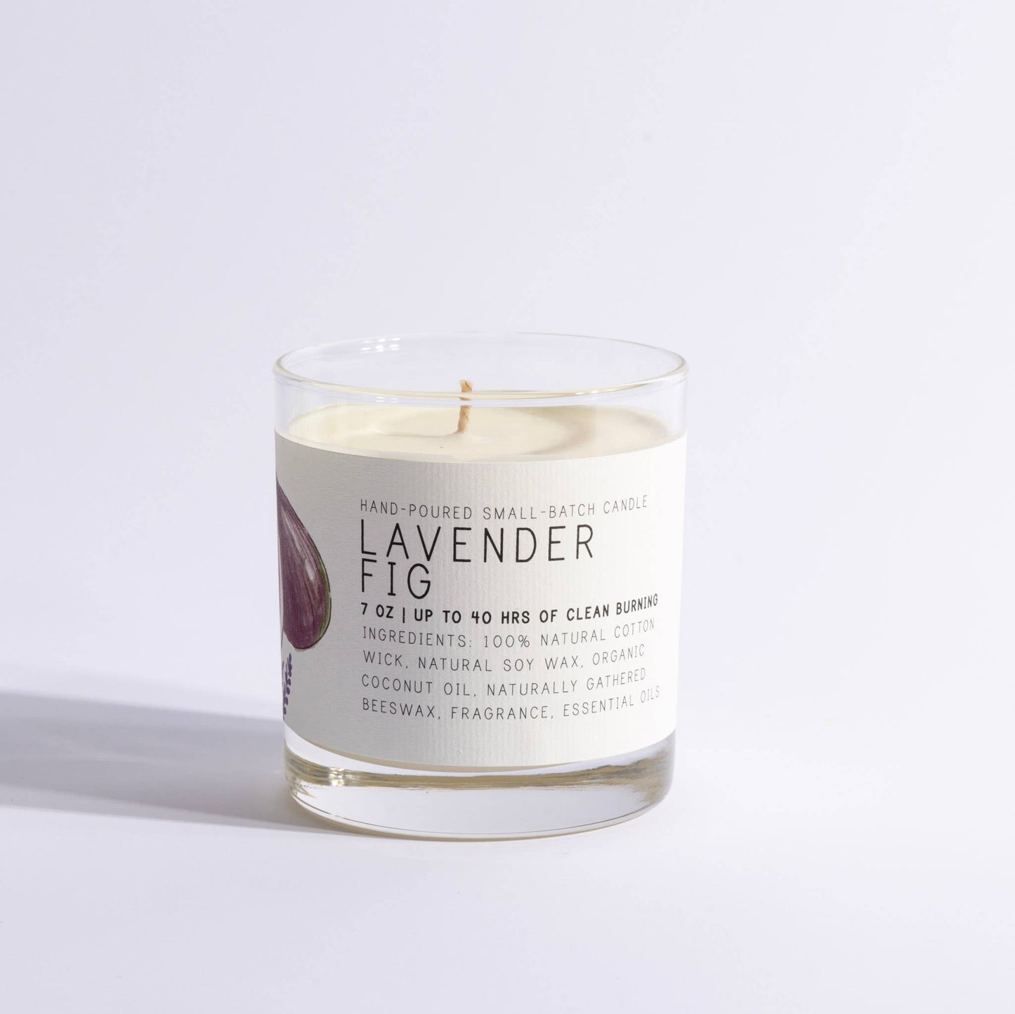 Lavender Fig candle in clear glass jar with minimalist label