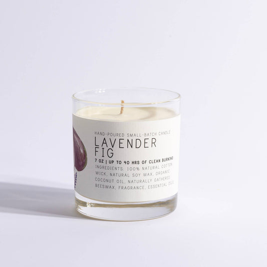 Lavender Fig candle in clear glass jar with minimalist label