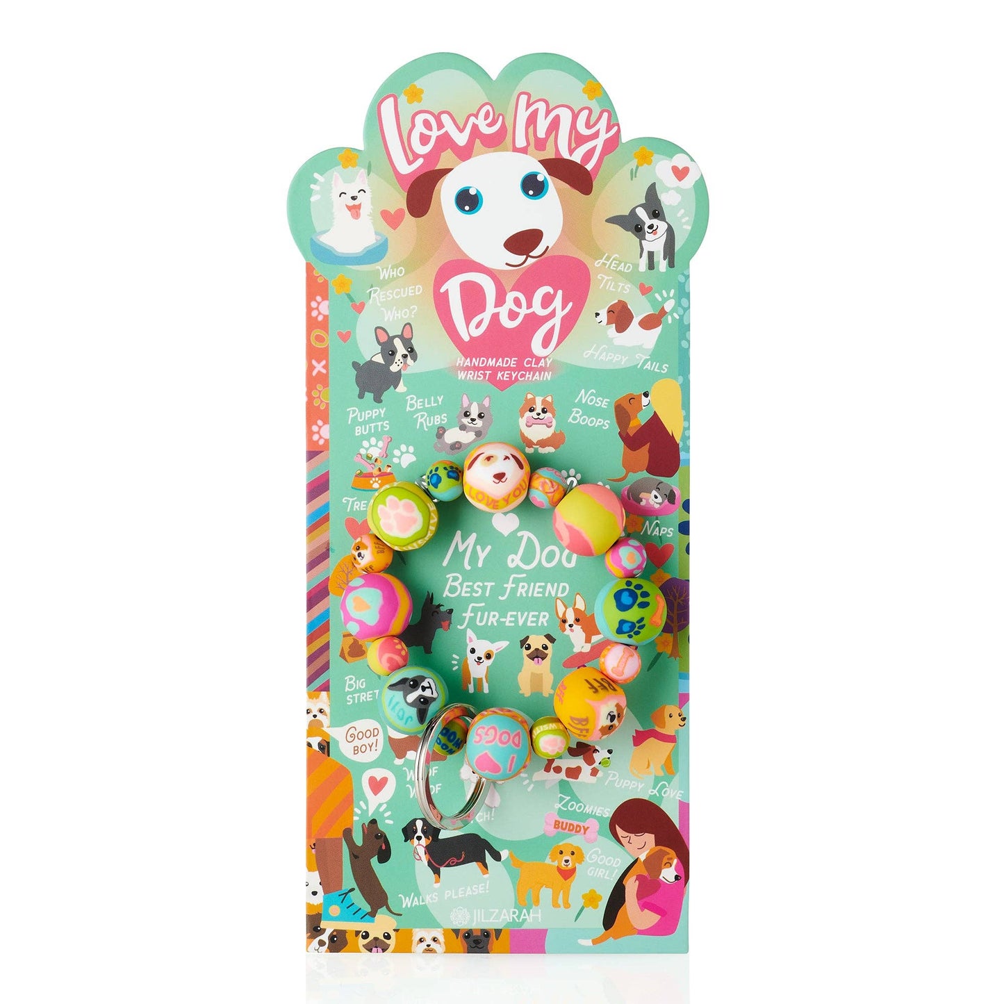 Chunky, colorful dog-themed wrist keychain with large beads and keyring, displayed on an illustrated green dog card.