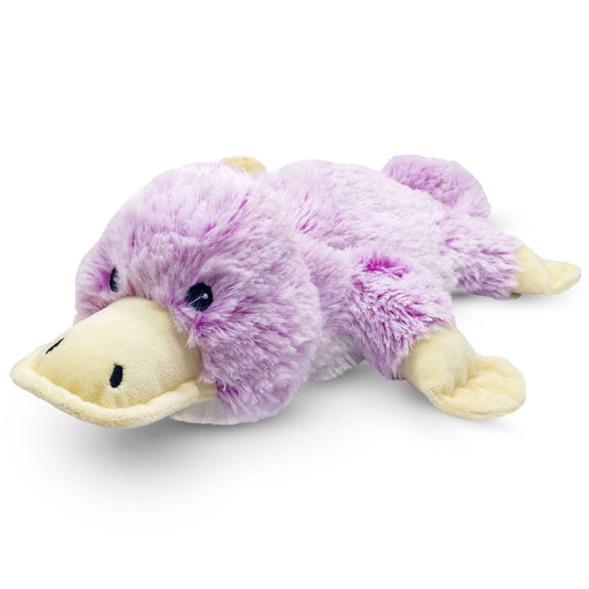 Light purple and cream plush platypus in a stretched-out pose; long bill and soft webbed feet complete its unique look.