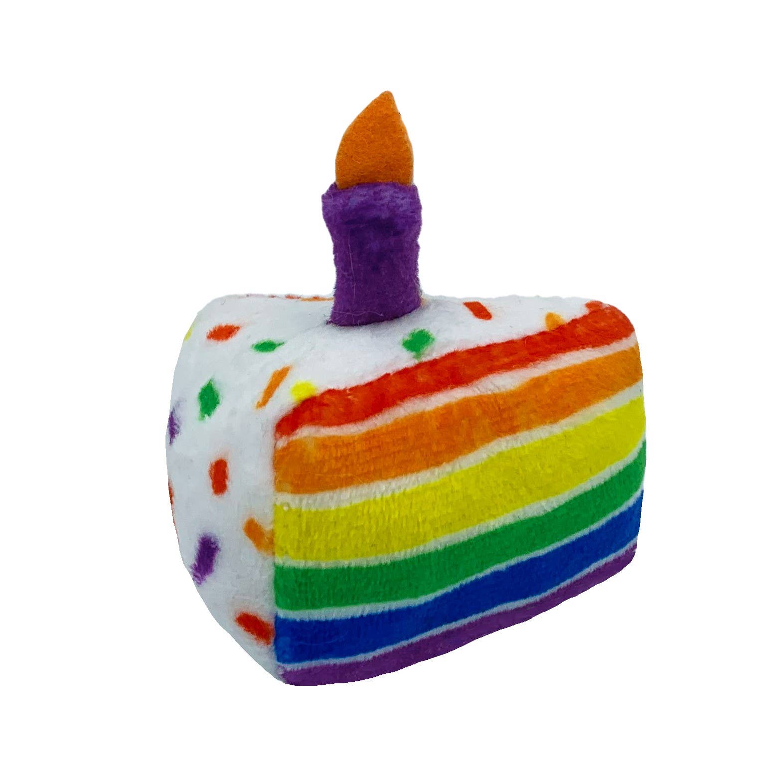 Multicolored felt funfetti cake-shaped cat toy with a purple candle and organic catnip.