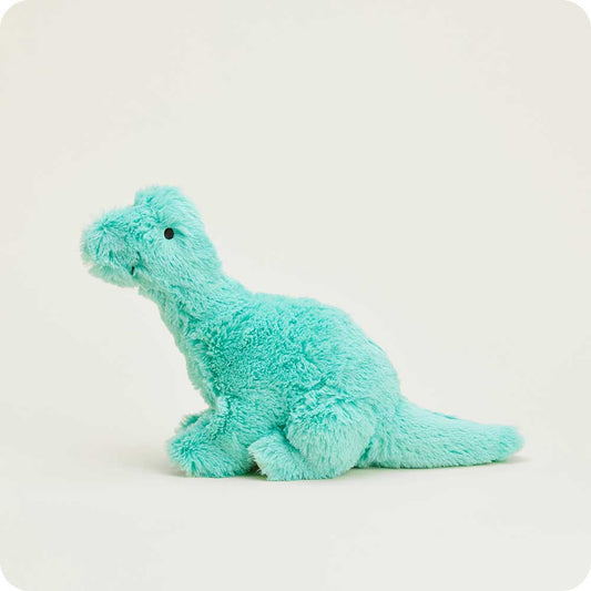 Teal-colored plush dinosaur with long neck and tail, sitting upright with short legs and cute expression.