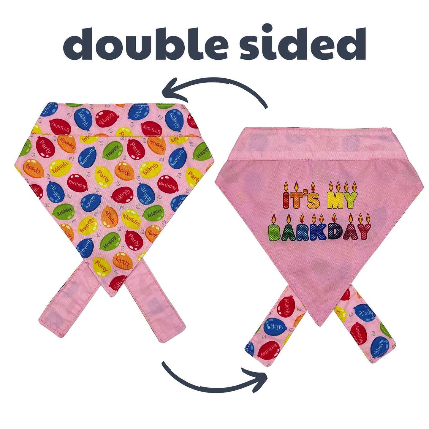 Double-sided pink pet bandana with birthday-themed prints and easy-tie straps