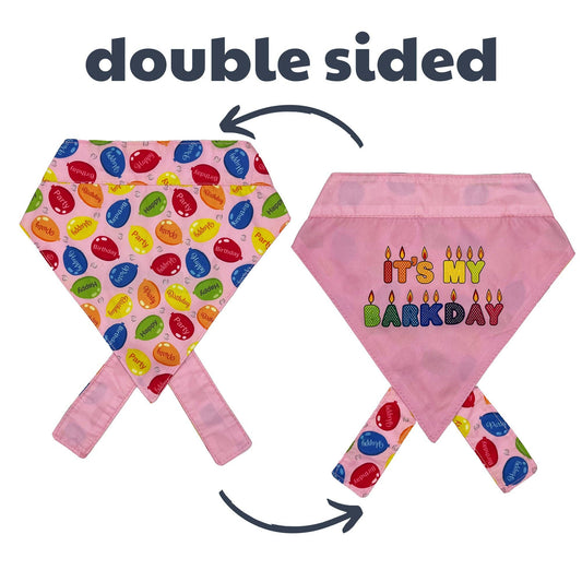 Double-sided pink pet bandana with birthday-themed prints and easy-tie straps
