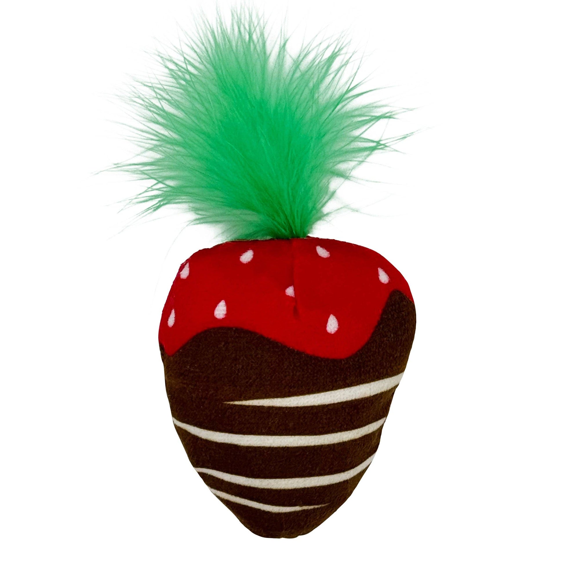 Plush cat toy shaped like a chocolate-dipped strawberry with green fur stem and crinkle texture.