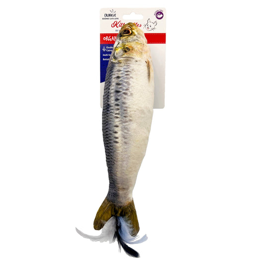Realistic sardine-shaped cat kicker toy with soft feathers and plush texture