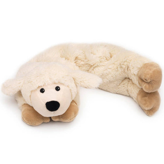 Plush sheep-shaped microwavable neck wrap in cream and tan tones