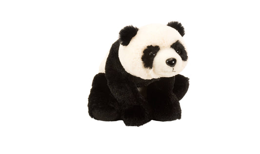 Small black and white plush panda toy sitting upright