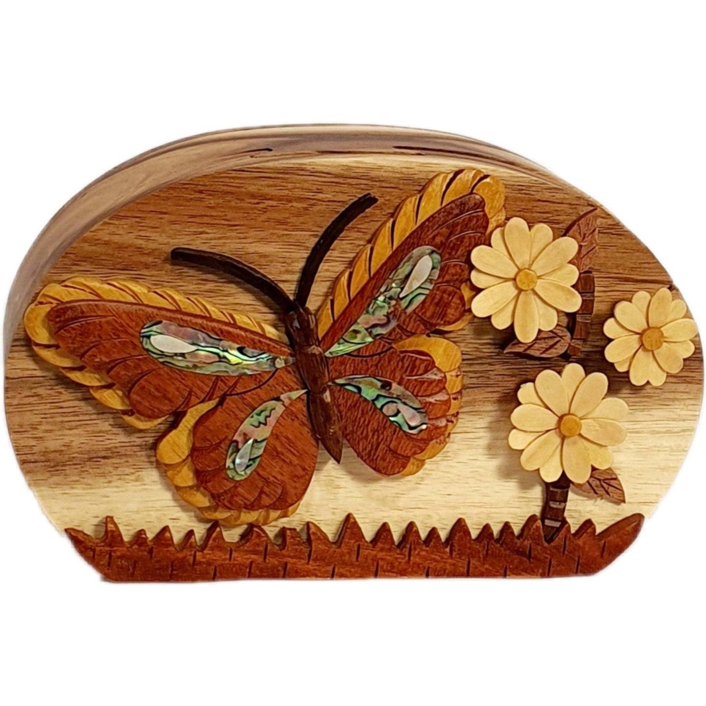Hand-carved wooden keepsake box featuring a butterfly and daisies with mother of pearl inlay.
