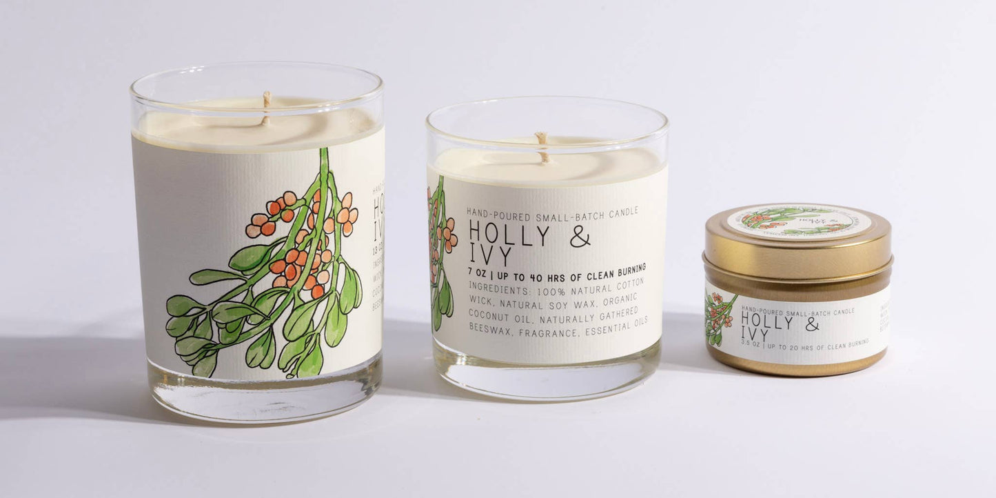 Holiday scented Holly & Ivy candles in glass jars and a small tin, featuring festive green and red foliage design.